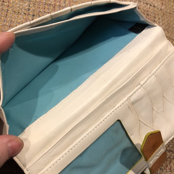 COLE HAAN Ivory Calfskin & Vachetta Leather Long Bifold Wallet Turquoise Lining - Picture 15 of 17
